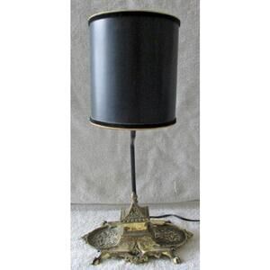 Vintage Japan Brass Inkwell Desk Lamp with Black Shade
